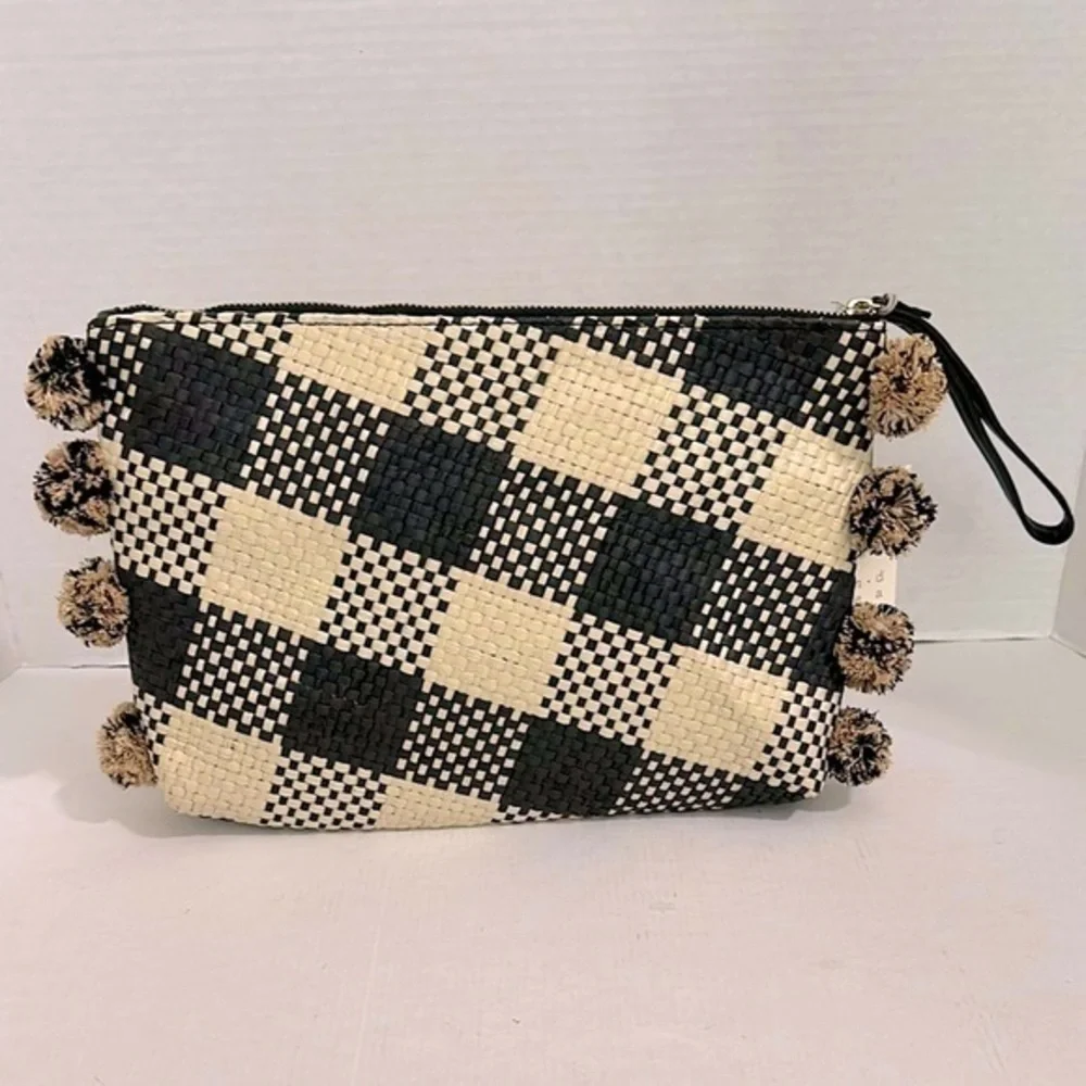 A New Day Checkered Black and Cream Clutch with Pop Poms and wristlet nwt